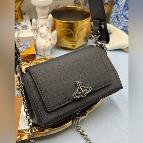 🆕 VIVIENNE WESTWOOD 🧿 NWT Small Black Hazel Bag - Saffiano Leather - Black - Picture 10 of 15